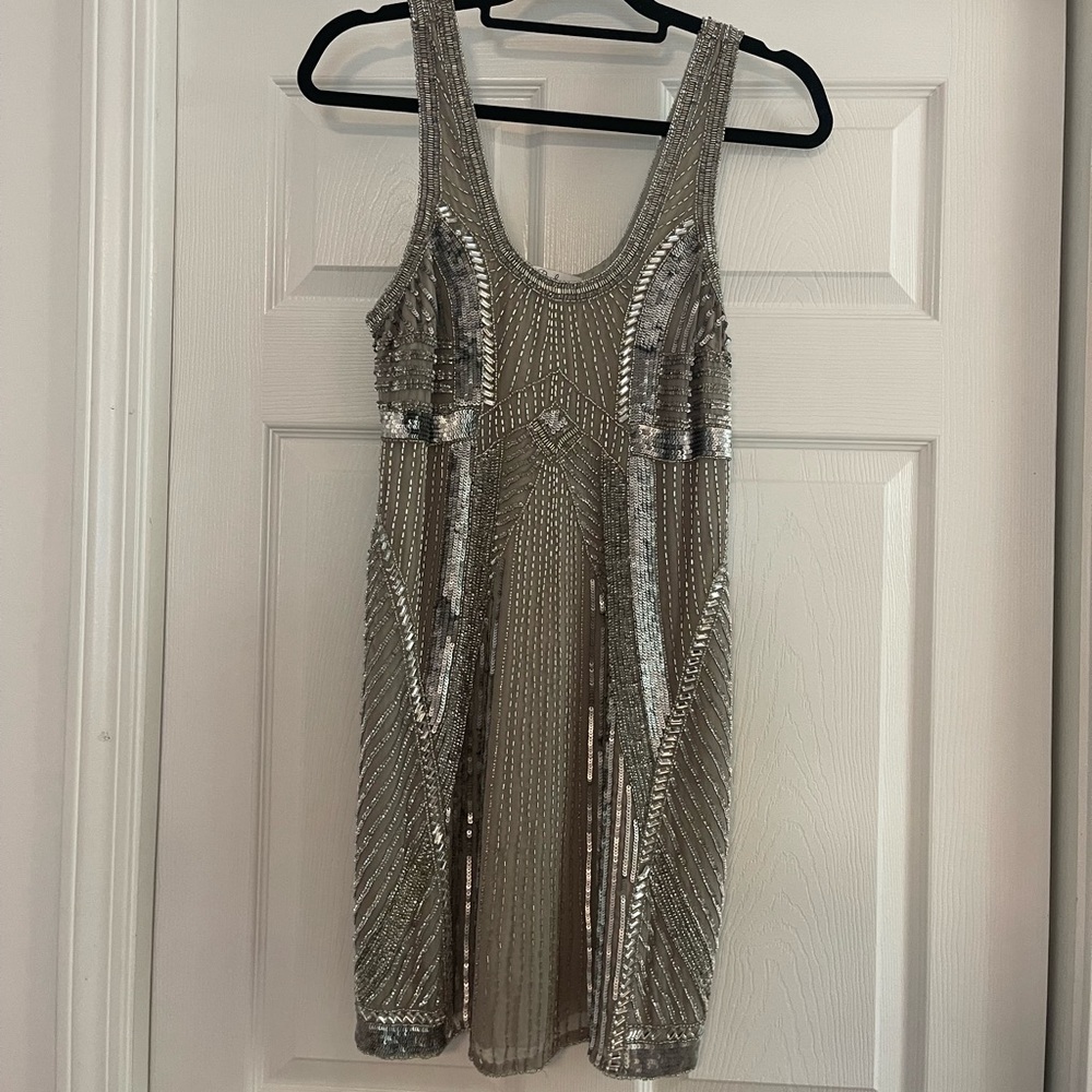 Parker Taupe and Silver Beading Mini Cocktail Dress